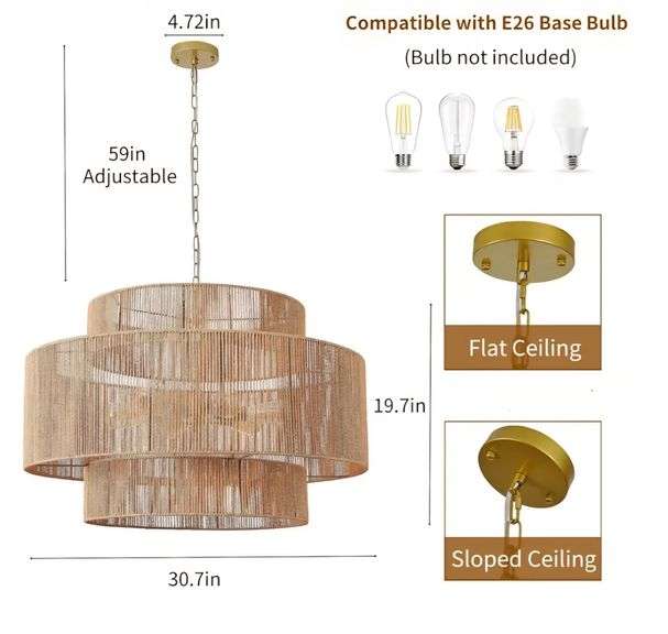 CNQTLL Rattan Chandelier Bulbs Not Included 30.7x30.7x19.7" | Open Box