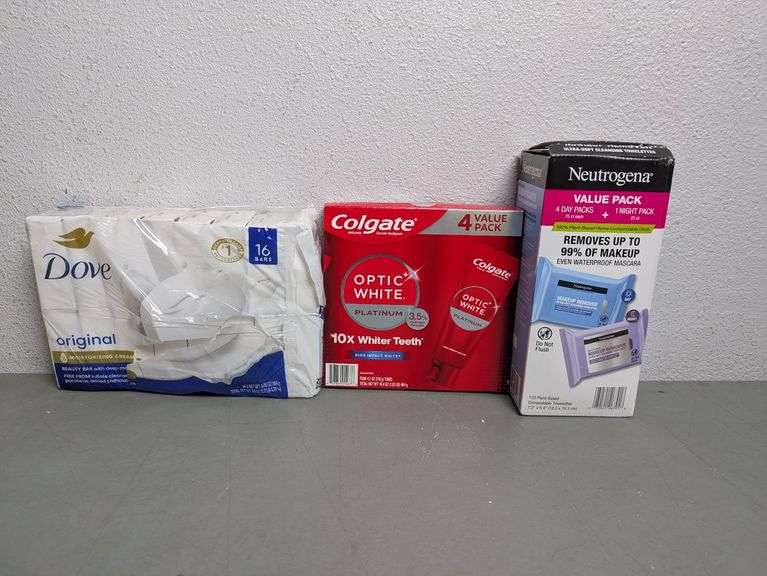 Dove Moisturizing Cream - 16 Bars, Colgate Toothpaste, Neutrogen Makeup ...