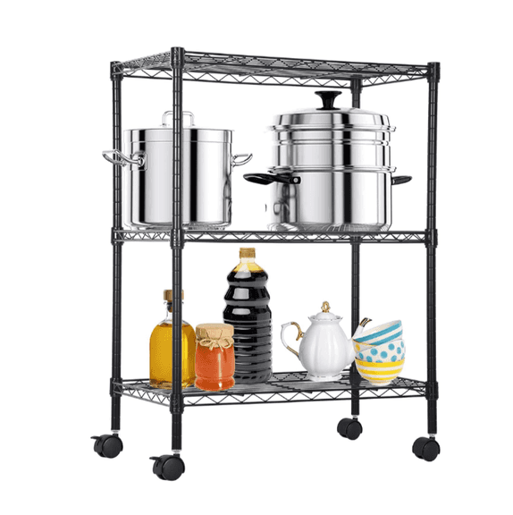 3-Tier Rolling Metal Storage Shelf W/Basket Bottom Shelves 29.8