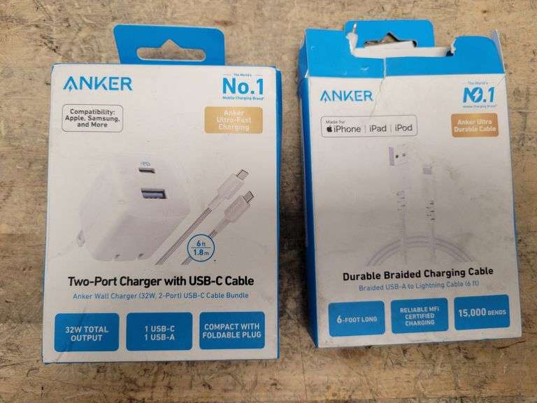 BUNDLE: ANKER Two-Port Fast Charger USB-C & USB-A - White ANKER 6ft ...