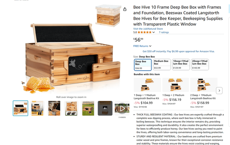 Single Deep Bee Box Bee Hive 10 Frame Deep Bee Box with Frames and Foundation, Beeswax ...