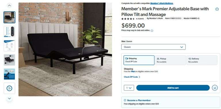 Member's Mark Premier Adjustable Base with Pillow Tilt and Massage ...