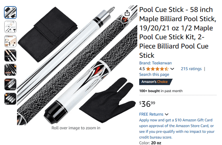 Queue De Billard Teekerwang En Érable - 58 Pouces (147 Cm) - 19 Ou 20 Oz - Pointe Cuir 13 Mm