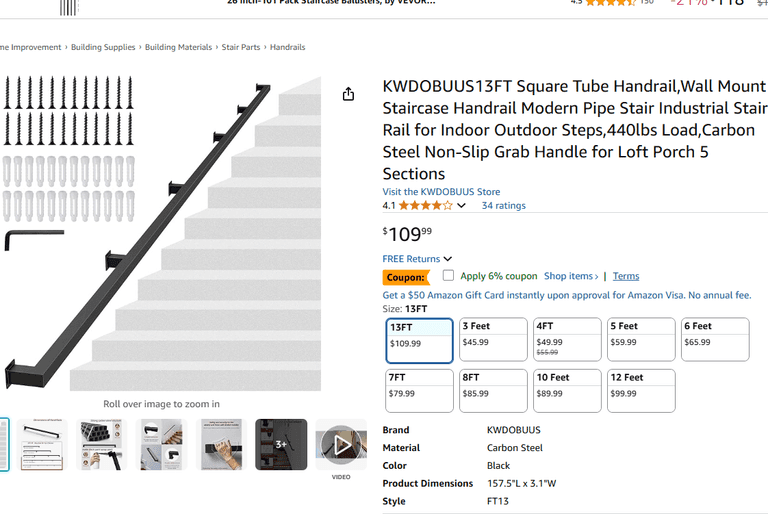 KWDOBUUS13FT Square Tube Handrail,Wall Mount Staircase Handrail | Open ...