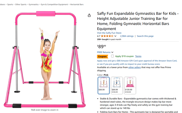 Safly Fun Expandable Gymnastics Bar for Kids - Height Adjustable Junior