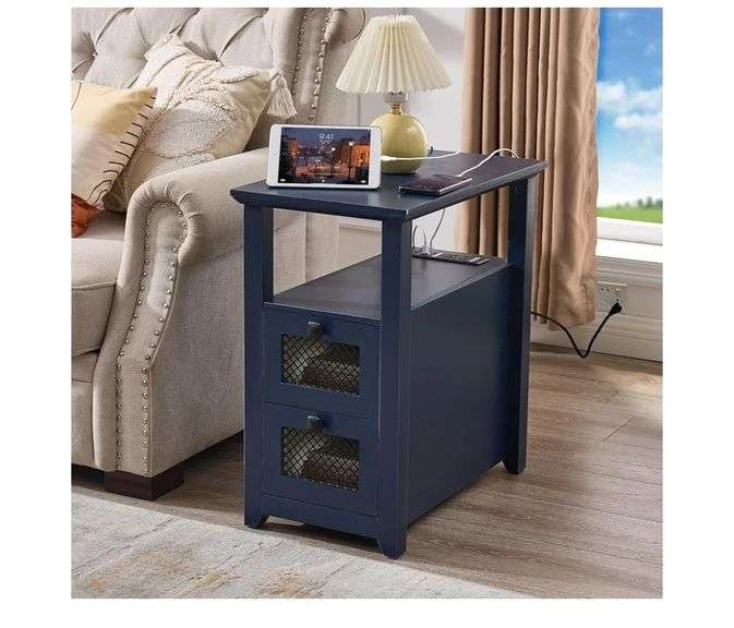 HDDDZSW Farmhouse XXL End Table w/ Charging Station, Blue | Open Box ...