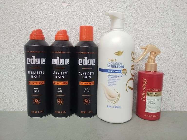 Personal Care Bundle: 3 Bottles Edge Shave Gel, 1 Bottle Dove Conditioner, And 1 Bottle Nexxus Leave In Hair Spray | Open Box