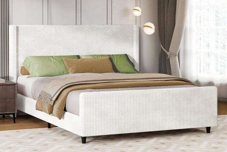 Corduroy Upholstered Platform Bed, T | Open Box | (See Condition Notes)