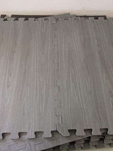 Interlocking Foam Floor Mats, 24'x24", 9 Squares. Grey Wood Grain | Open Box