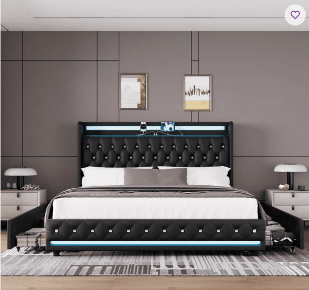 Glastonbury Upholstered Wingback Bed, 4 Drawers Storage Bed w/ LED Light, Queen | Open Box