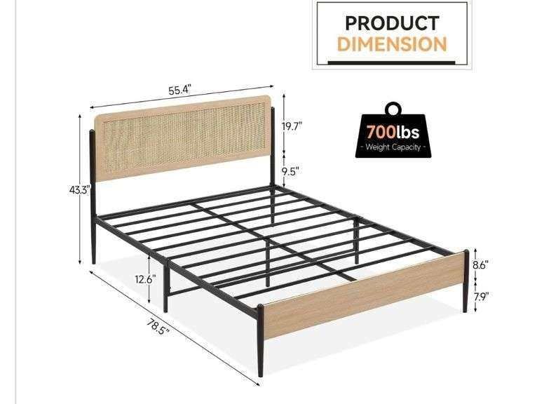 CATHE Oak Full Bed Frame With Rattan Headboard | Open Box | (See Condition Notes)