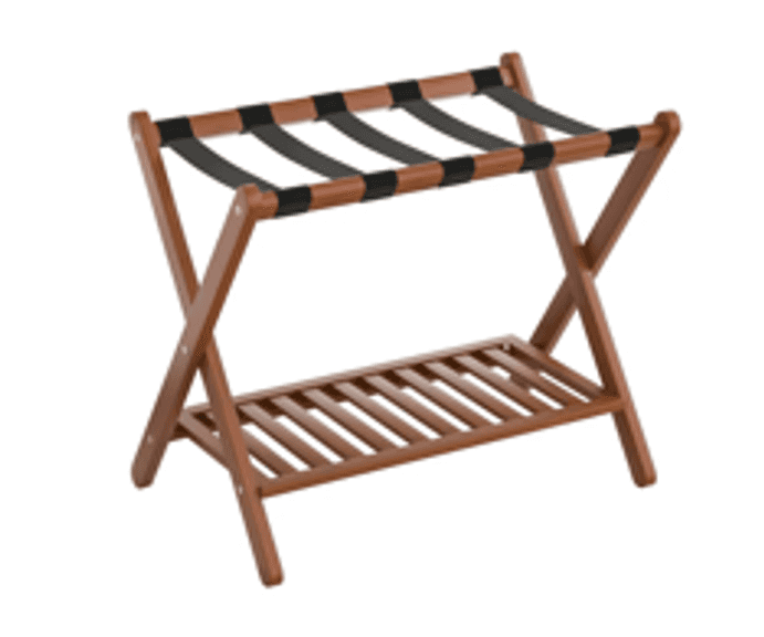Luggage Rack Bamboo Folding Suitcase Stand w Storage Shelf | Open Box