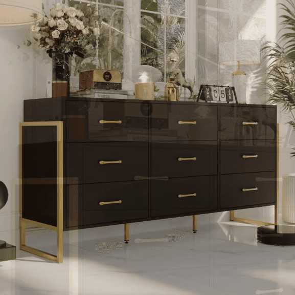 FUFU&GAGA Black Wood 9 Big Drawers 61.4 in. W Dresser With Metal Frame Legs | Open Box