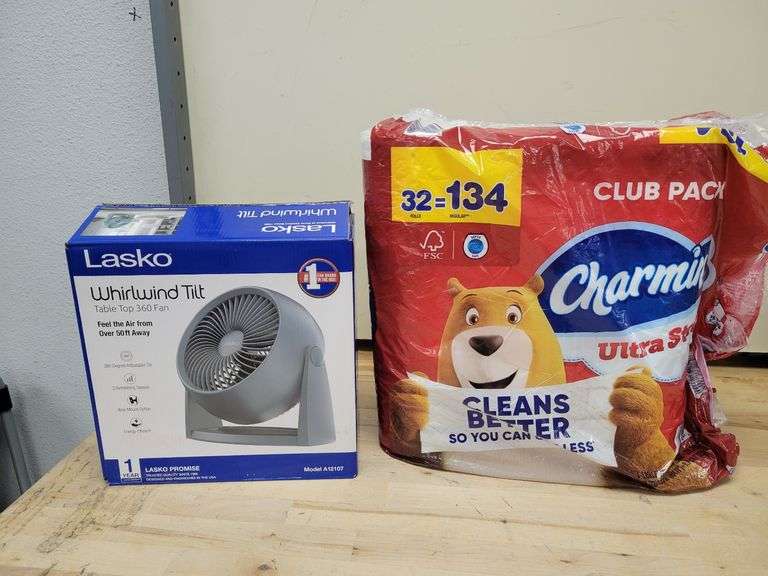 Charmin 24 Pack Ultra Strong Toilet Paper & Lasko Whirlwind Table Top 360 Fan Bundle | Open Box | (See Condition Notes)