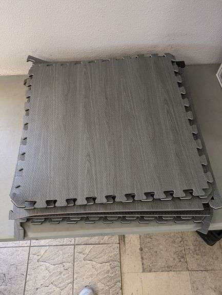 Interlocking Foam Floor Mats, 24'x24", 9 Squares. Grey Wood Grain | Open Box