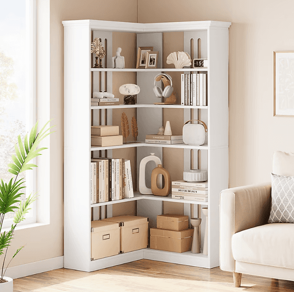 Garvee White Wood 4 -Shelf Corner Bookcase ( 10.4-in W x 72.8-in H x 10.4-in D ) Finished | Open Box | (See Condition Notes)