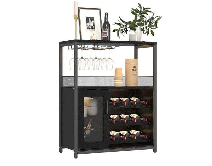 MilleLoom Wine Bar Rack Cabinet w/Glass Holder Black | Open Box