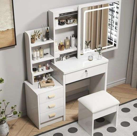 LEAVADER Modern Vanity Set With Lighted Mirror, White | Open Box | (See Condition Notes)