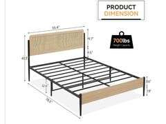 CATHE Oak Full Bed Frame With Rattan Headboard | Open Box | (See Condition Notes)