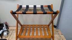 Luggage Rack Bamboo Folding Suitcase Stand w Storage Shelf | Open Box