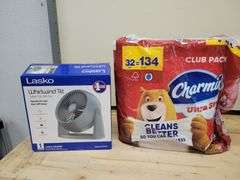 Charmin 24 Pack Ultra Strong Toilet Paper & Lasko Whirlwind Table Top 360 Fan Bundle | Open Box | (See Condition Notes)