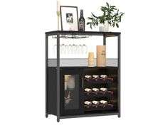 MilleLoom Wine Bar Rack Cabinet w/Glass Holder Black | Open Box