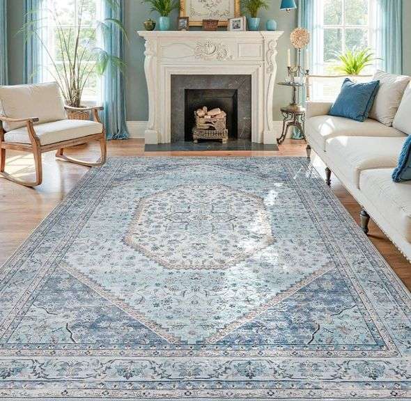 DCX Large Area Rug 8'x10' Machine Washable, Vintage Floral Beige Blue Design | Open Box