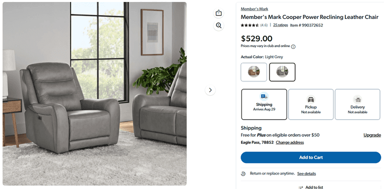 Member's Mark Cooper Power Reclining Leather Chair | Open Box