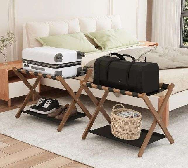 SMUXEE Walnut Bamboo Luggage Rack With Nylon Straps Pack of 2 | Open Box