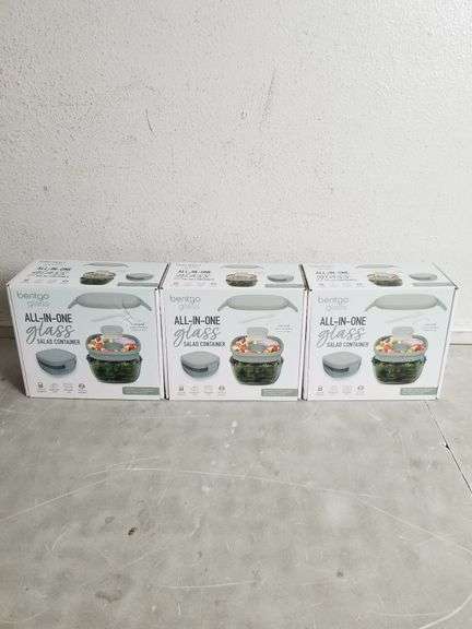 BENTIGO GLASS All-In-One Glass Salad Container, 7.6-Cup Bowl 3-Pack, Green | Open Box