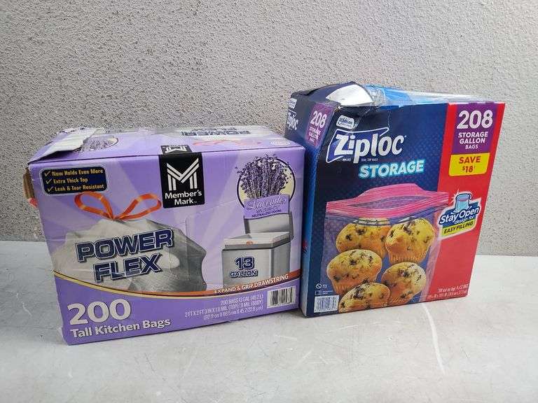 MEMBERS MARK Tall Kitchen Bags, 13gal, 200pcs & ZOPLOC Storage Bags, Gal, 4pk | Open Box