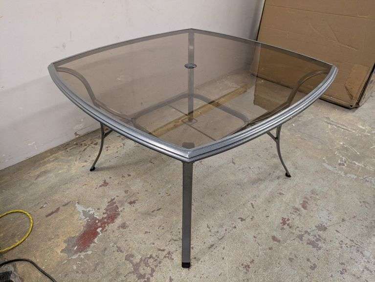 Hampton Bay Ashbury Pewter Steel Square Glass Top Outdoor Dining Table | Open Box