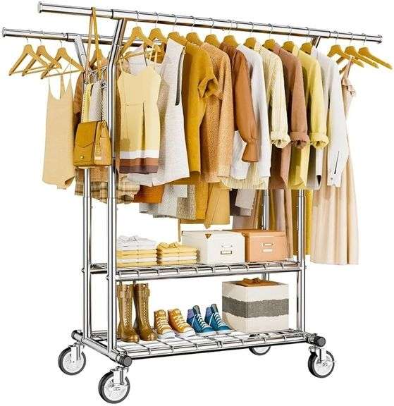 HYSEYY Heavy Duty Clothes Rack Rolling Clothing Rack with Shelves ...