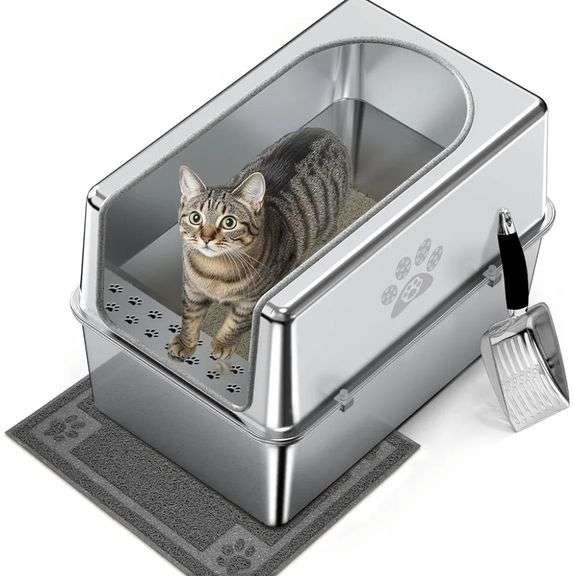 PWTAA Enclosed Stainless Steel Cat Litter Box with Lid | Open Box ...