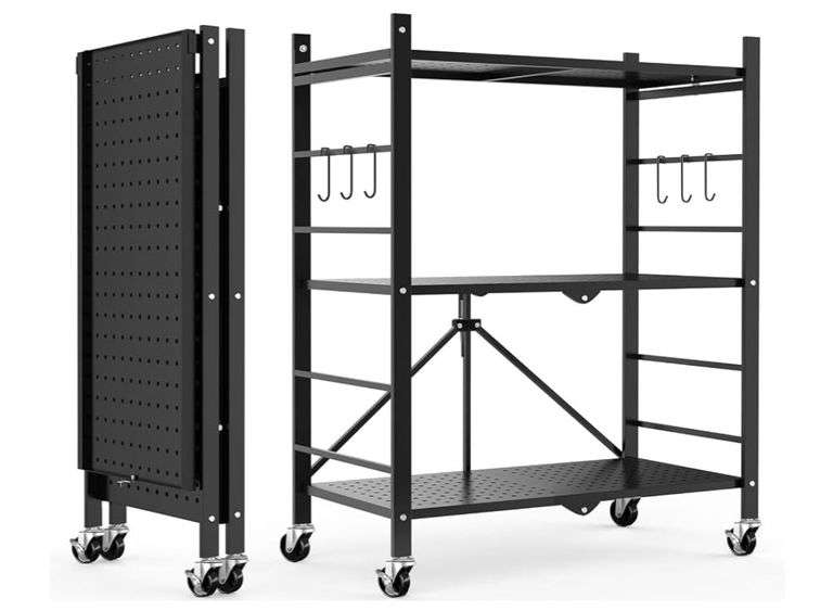 HIMIX 3 Tier Foldable Storage Shelf with Wheels and 6 Hooks | Open Box ...