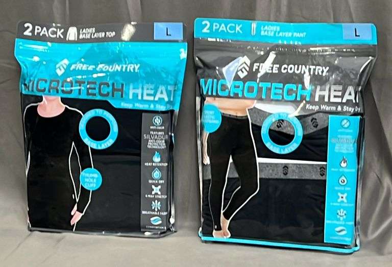 Brand New 2-Pack of Free Country "Microtech Heat" Ladies Base Layer Tops & Pants, Size Large.  MSRP $60 per 2-pack. Made from breathable, super-soft fabric with moisture wicking to keep you dry & comfortable.  The fiber content helps retain body warmth, 4-way stretch for great fit & ease of movement.  2 times the money. Total price is quantity times bid price.
