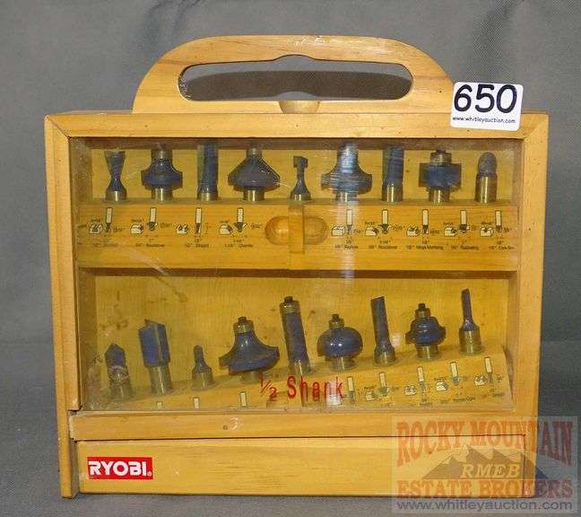 Ryobi Router Bit Set W/ 18 Bits In Wooden Case. Case has loose joint