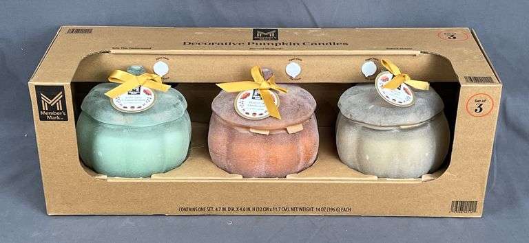 Brand New, 3-Pack of Decorative Glass Pumpkin Candles. Fragrances include "Into the Cedarwood", "Harvest Orchard" & "Salted Maple".