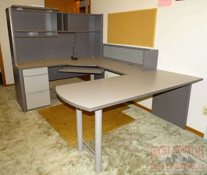 Large U-Shaped Desk W/ Hutch Top, Foot Rest, Keyboard Tray & Chair Mat. Get your office and your stuff organized. This desk is 64" high x 69"x85"x66".