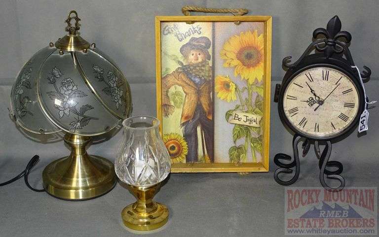 Small Brass Touch Lamp, Heavy Brass & Lead Crystal Candle Holder & Scrolled Iron Desk Top Clock. All for one money.