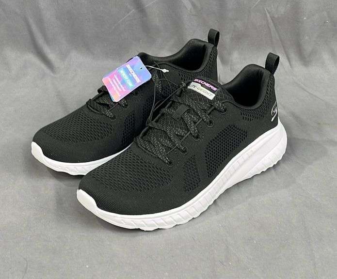 New Skechers Ladies "Bobs Squad Chaos" Black & White Memory Foam Slip