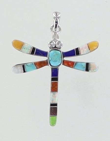 Sterling Silver Dragonfly Pendant with Intricate Inlaid Multi-Stone Decoration, 1.5" high.
