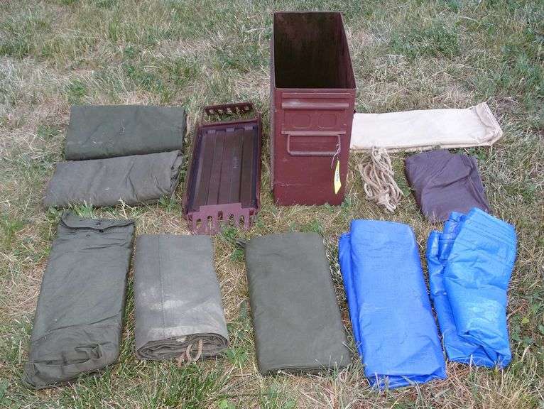 Military Ammo Box W/ Shelter Halves, Tarps & Rope. Box is 14x18x8. Two ...