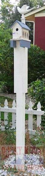 Hand Made Cathedral Style Birdhouse W/ Bird Sculpture & Post. Buyer to remove. 94" high.