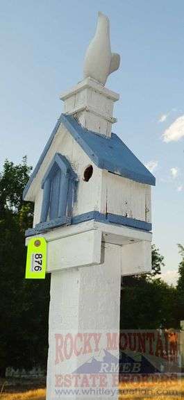 Hand Made 1-Hole Birdhouse W/ Bird On Top & Post.  Buyer To Remove.  84" High.