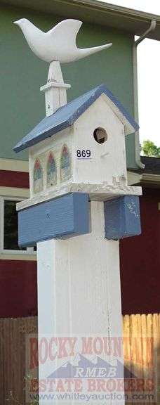 Hand Made Cathedral Style Birdhouse W/ Bird Sculpture & Post. Buyer to remove. 94" high.