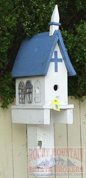 Hand Made Church Style Birdhouse W/ Bird Sculpture & Post. Buyer to remove. 98" high.