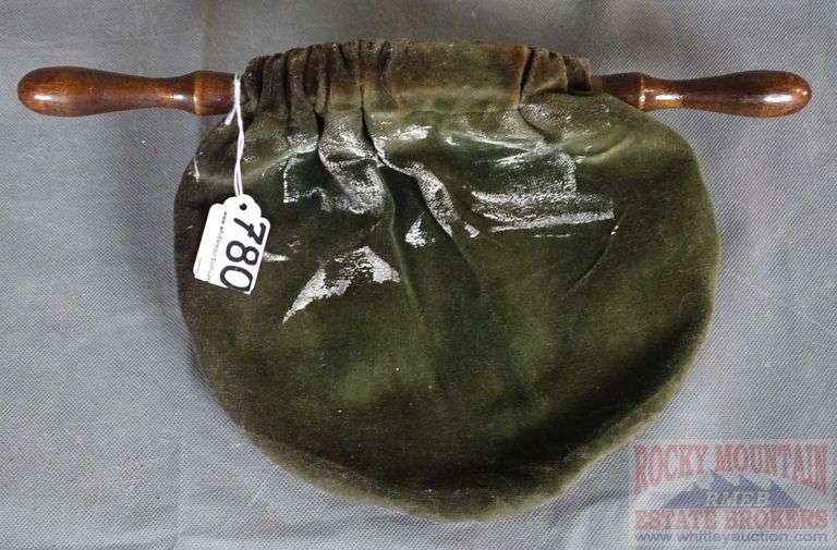 Victorian Velvet Church Collection Bag W/ Wooden Handles. There appears to have paint on one side, 9" High.