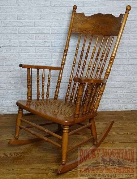 Beautiful Antique Oak Pressed Back Rocking Chair W/ Turned Spindles & Cane Seat.