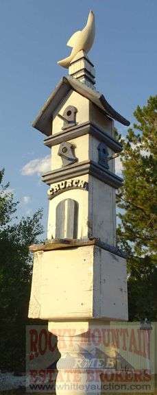 Hand Made 3-Story Birdhouse W/ Bird Sculpture & Post. Buyer to remove. 102" high.